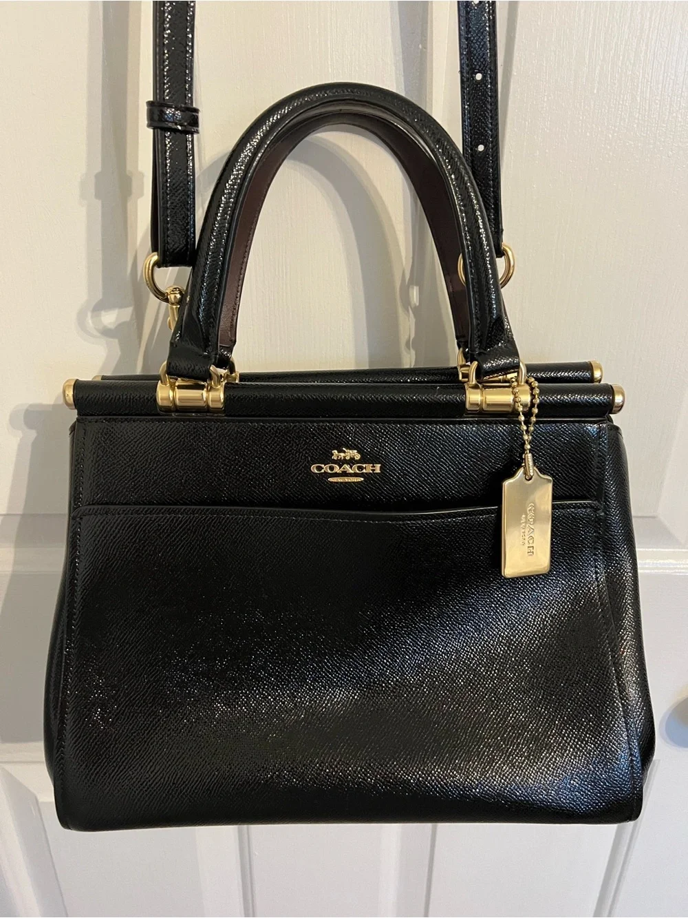COACH Black Leather Structured Top-Handle Satchel with Gold Hardware